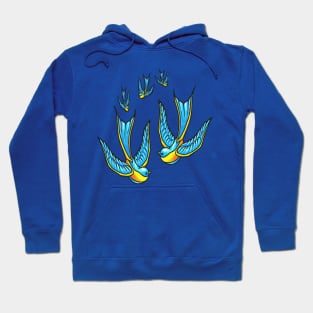 Tattoo Style Swallows In Blue and Yellow Hoodie